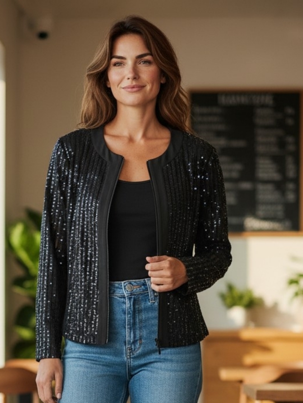 Alex Marie Black Sequin Zip Front Blazer Jacket